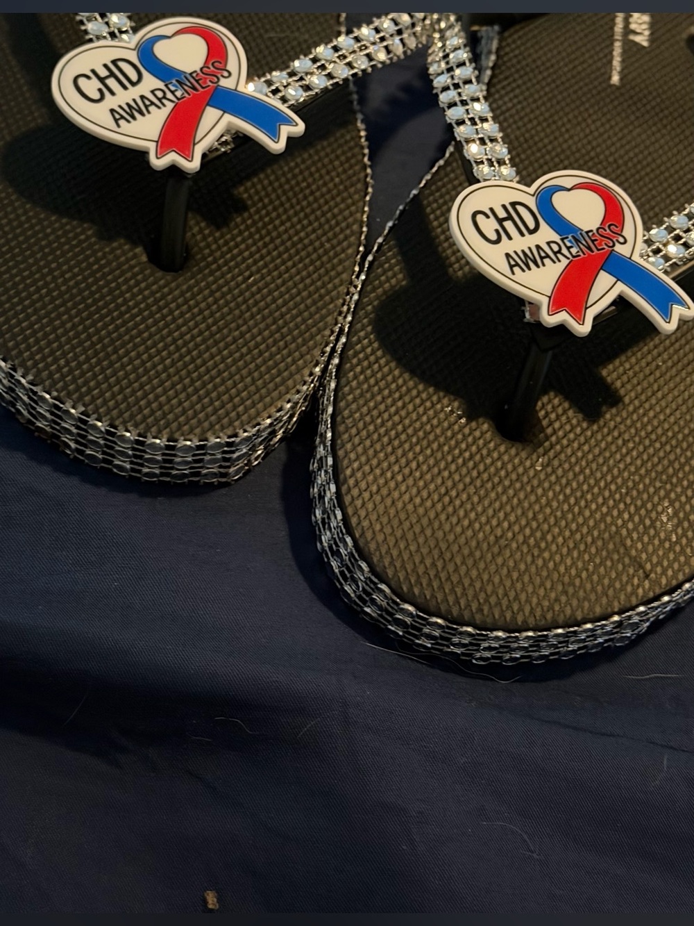 CHD Awareness Black Rhinestone Flip Flop Charm Sandals